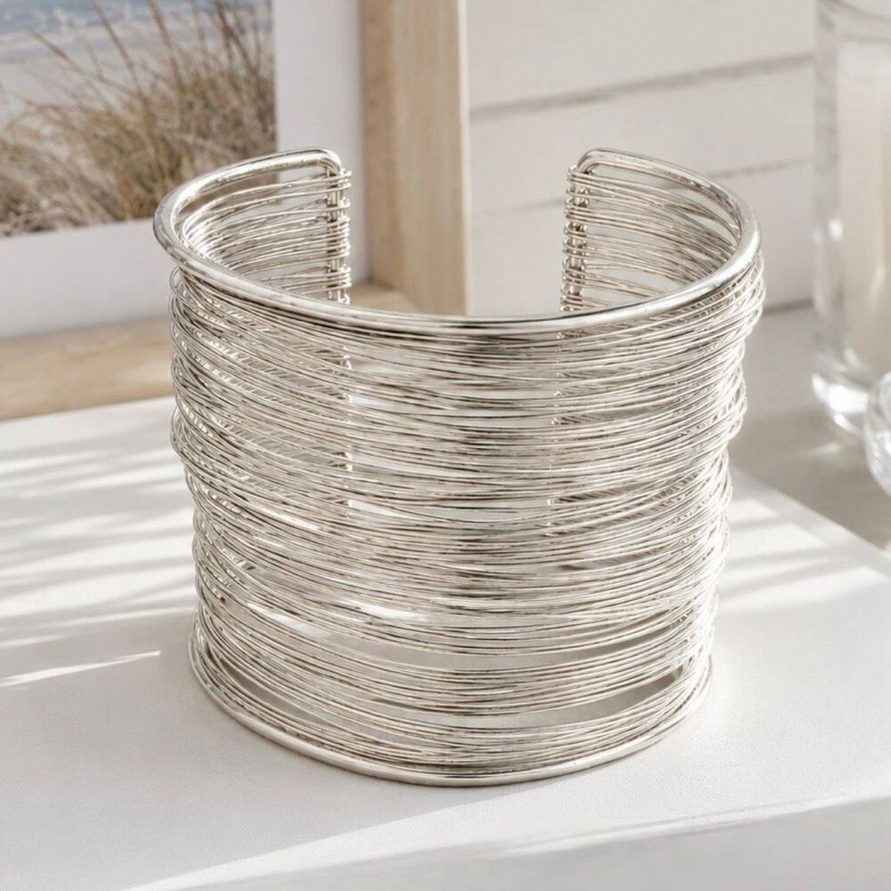 Slinky Wire Cuff Bracelet, Silver Tone Sculptural